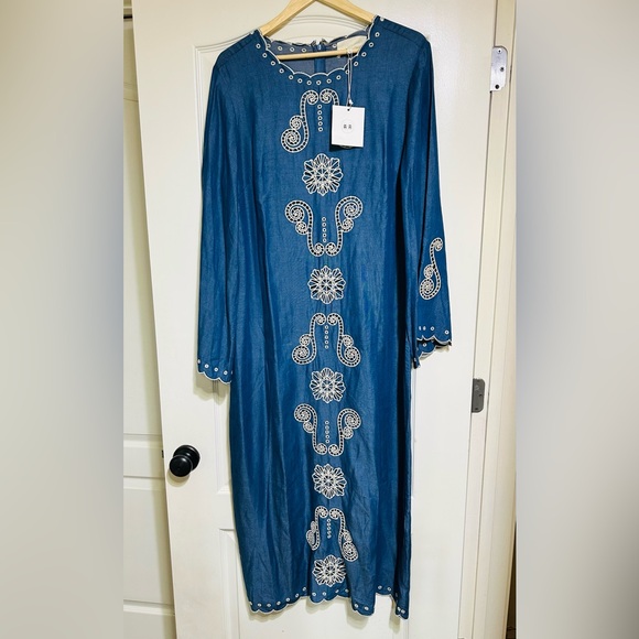 LOVE! NWT Tuckernuck Caroline K Blue Chambray Scalloped Dress Sz Large 8 10 12 - Picture 4 of 5
